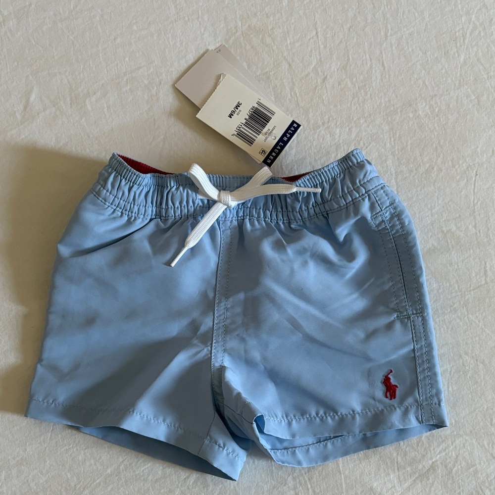 NWT Ralph Lauren Baby Blue Swim Shorts with Red Trim